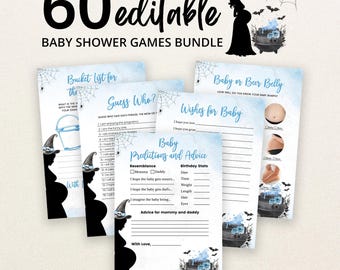 Editable A Baby is Brewing Blue Halloween Baby Shower Game Bundle, Boy Halloween Baby Shower Game Pack, Witch Baby Shower Games, BBS430