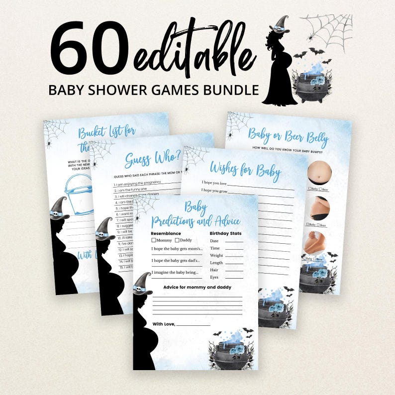Editable A Baby is Brewing Blue Halloween Baby Shower Game Bundle, Boy Halloween Baby Shower Game Pack, Witch Baby Shower Games, BBS430 image 1
