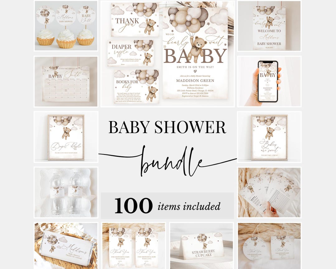 Editable Gender Neutral Bear Baby Shower Bundle, We Can Bearly Wait ...