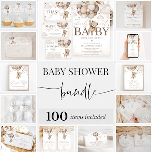 Editable Gender Neutral Bear Baby Shower Bundle, We Can Bearly Wait Baby Shower Invitation Pack, Brown Boho Bear Shower Games Package,BBS391
