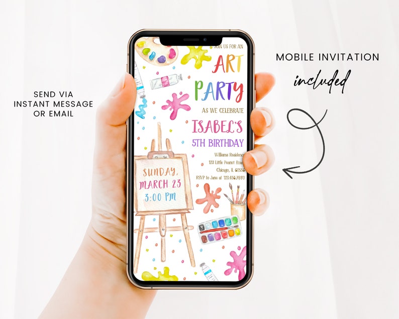 Editable Art Birthday Party Invitation, Art in Party Birthday Party Invite, Art Painting Artist Birthday Mobile Invitation, BRT106 image 2