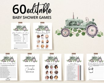 Editable It's a Boy Tractor Baby Shower Game Bundle, Greenery Tractor Baby Shower Games, Boy Tractor Baby Shower Game Pack, BBS303