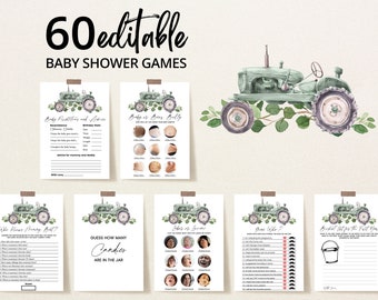 Lot de jeux de baby shower modifiable C'est un tracteur garçon, jeux de baby shower de tracteur verdure, pack de jeux de baby shower de tracteur garçon, BBS303