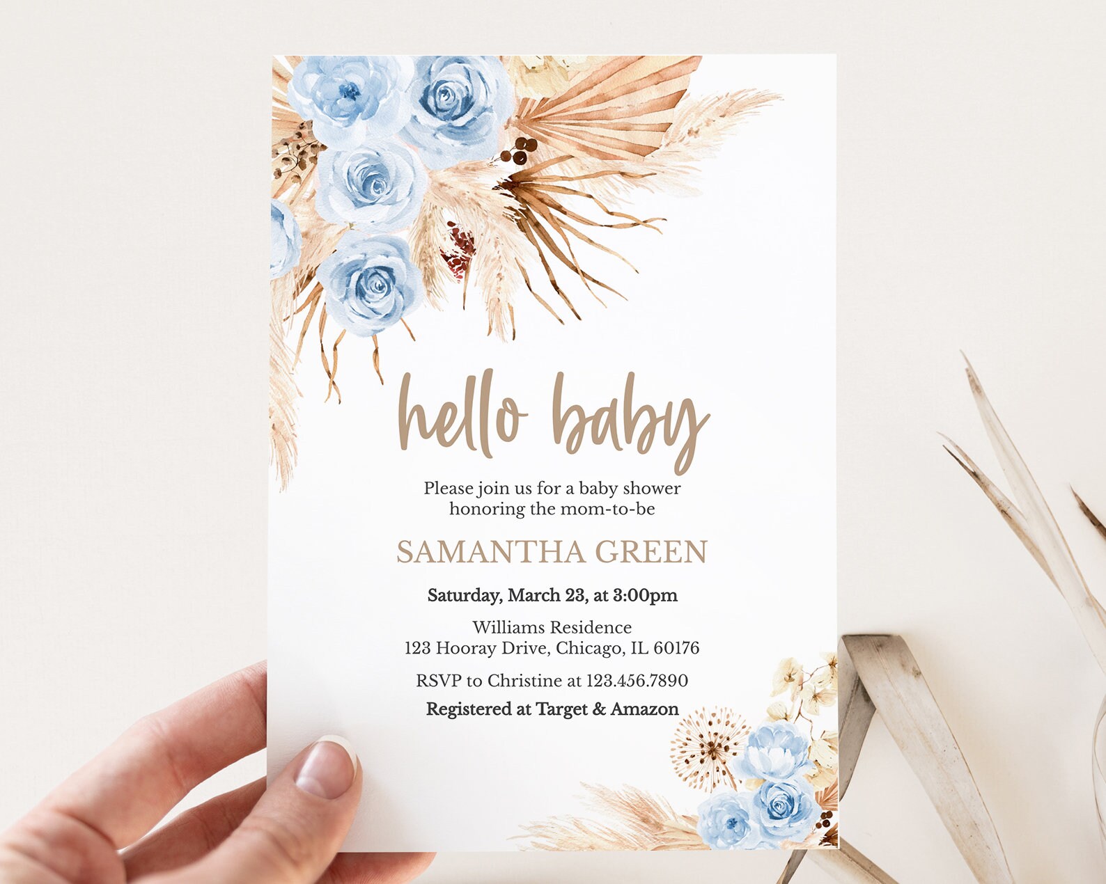 Editable Blue Pampas Grass Boho Baby Shower Invitation Bundle, Boy Boho ...