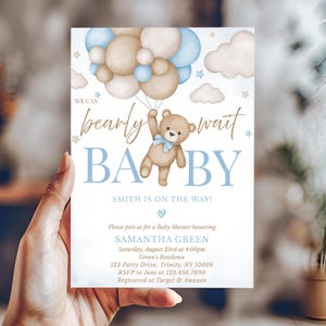 Editable Brown Bear Balloon Baby Shower Invitation, We Can Bearly Wait Baby Shower Invite, Blue Boy Boho Bear Baby Shower, BBS388