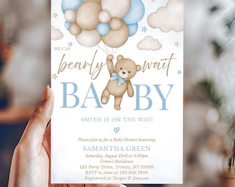 Bewerkbare bruine beer ballon babyshower uitnodiging, we kunnen niet wachten babyshower uitnodigen, Blue Boy Boho Bear babyshower, BBS388