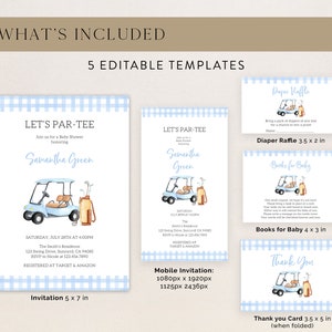 May include: A set of printable baby shower templates featuring a blue golf cart with a gingham background. The templates include an invitation, diaper raffle, books for baby, and a thank you card. The text on the invitation reads "Let's Par-Tee" and "Samantha Green".