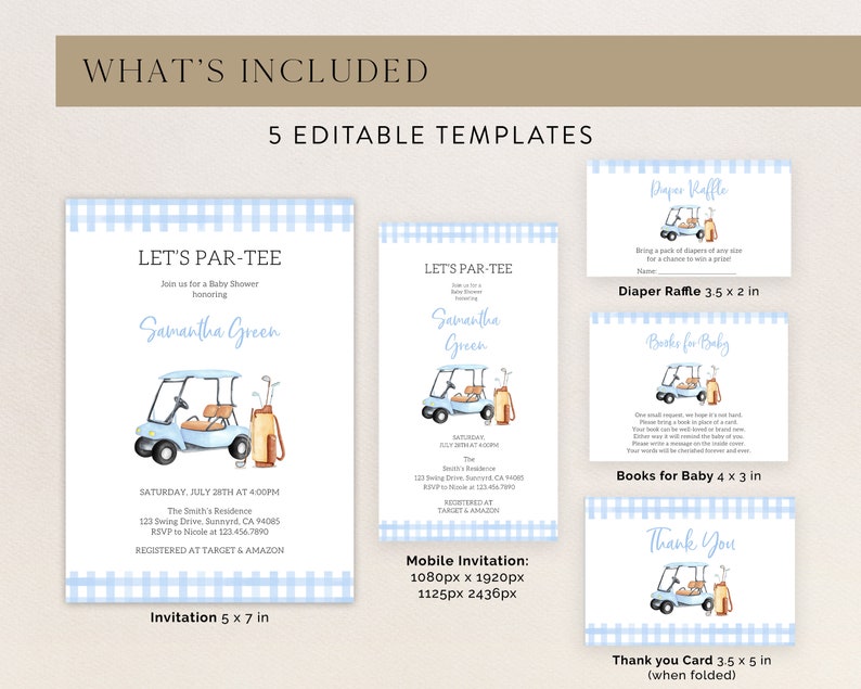 May include: A set of printable baby shower templates featuring a blue golf cart with a gingham background. The templates include an invitation, diaper raffle, books for baby, and a thank you card. The text on the invitation reads "Let's Par-Tee" and "Samantha Green".