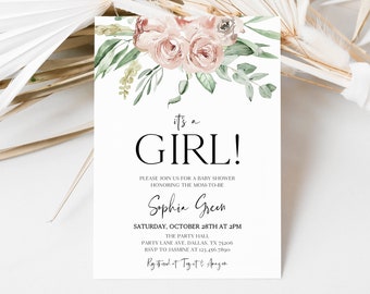 May include: A white baby shower invitation with a floral design in shades of pink and green. The text reads "It's a Girl!" and includes the name "Sophia Green", the date and time of the shower, and the location. The RSVP information is also included.