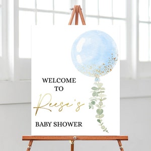Cartello di benvenuto per baby shower modificabile Oh Boy, poster di benvenuto per baby shower con palloncino blu, decorazione per baby shower con eucalipto Blue Boy, BBS326