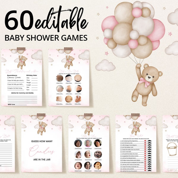 Editable Brown Bear Balloon Baby Shower Game Bundle, We Can Bearly Wait Baby Shower Game Pack, Pink Boho Bear Girl Baby Shower Games, BBS389