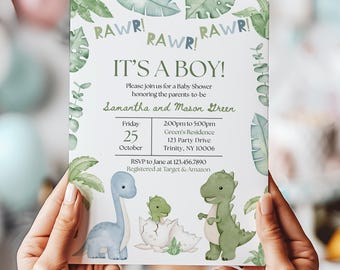 Edytowalne zaproszenie na baby shower z dinozaurem, zaproszenie na baby shower z dinozaurem dla chłopca, baby shower z dinozaurem dla chłopca, boho dinozaur, BBS587