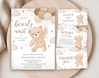 Editable Gender Neutral Bear Baby Shower Invitation Bundle, We Can Bearly Wait Baby Shower Invite, Brown Boho Bear Baby Shower, BBS669