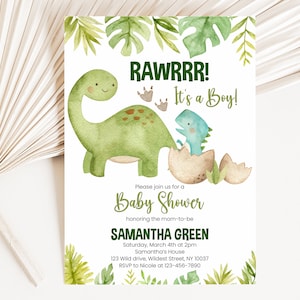 Editable Dinosaur Baby Shower Invitation, Greenery Boho Dinosaur Baby Shower Invite, Boy Dinosaur Baby Shower, It's a Boy Dinosaur, BBS306