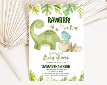 Bearbeitbare Dinosaurier-Babyparty-Einladung, Greenery Boho Dinosaurier-Babyparty-Einladung, Jungen-Dinosaurier-Babyparty, Es ist ein Jungen-Dinosaurier, BBS306