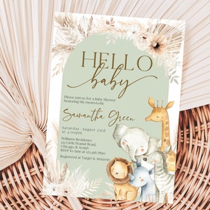 Bearbeitbare Boho Safari Hallo Baby-Babypartyeinladung, Wild One Safari-Babyparty-Einladungspaket, Safari-Tiere-Babyparty, BBS505