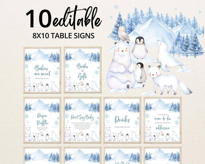 Editable Baby It's Cold Outside Baby Shower Table Sign, Arctic Animals