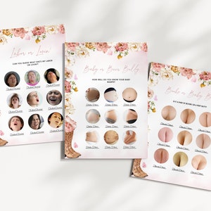 Op de afbeelding: Drie rechthoekige spelkaarten met bloemenranden en illustraties van cowboylaarzen. De kaarten zijn getiteld Labor or Lovin', Baby or Beer Belly en Boobs or Baby Butt, elk met een raster van ronde foto's en selectievakjes om te raden.