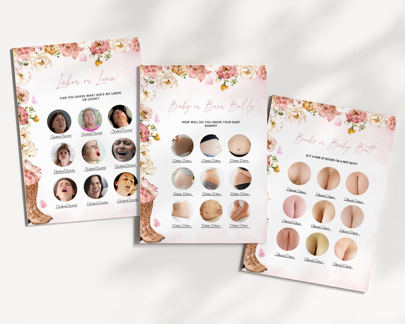 Op de afbeelding: Drie rechthoekige spelkaarten met bloemenranden en illustraties van cowboylaarzen. De kaarten zijn getiteld Labor or Lovin', Baby or Beer Belly en Boobs or Baby Butt, elk met een raster van ronde foto's en selectievakjes om te raden.