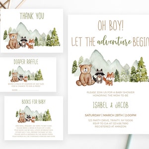 Editable Let the Adventure Begin Woodland Baby Shower Invitation Bundle, Woodland Baby Shower Invite, Boy Adventure Baby Shower, BBS392