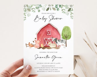 Editable Boy Farm Baby Shower Invitation, Greenery Farm Baby Shower Invite, Boy Farm Barnyard Baby Shower Invite, Pig in the mud, BBS648