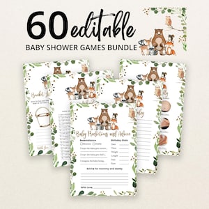 Bearbeitbares Waldtier-Babyparty-Spielpaket, Waldtier-Babyparty-Spiele für Jungen, Waldtier-Spielpaket, Grüne Wald-Babyparty, BBS301