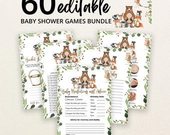 Editable Woodland Baby Shower Game Bundle, Boy Woodland Baby Shower Games, Woodland Animals Game Pack, Greenery Woodland Baby Shower, BBS301