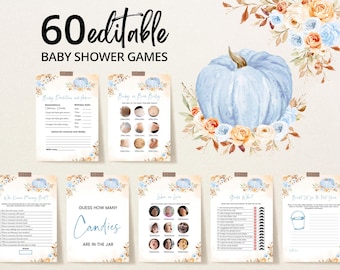 Redigerbart babyshower-spelpaket med blå pumpa och pojke, rustikt babyshower-spelpaket med blommig pumpa och höst, babyshower-spel med små pumpor och babyshower, BBS443