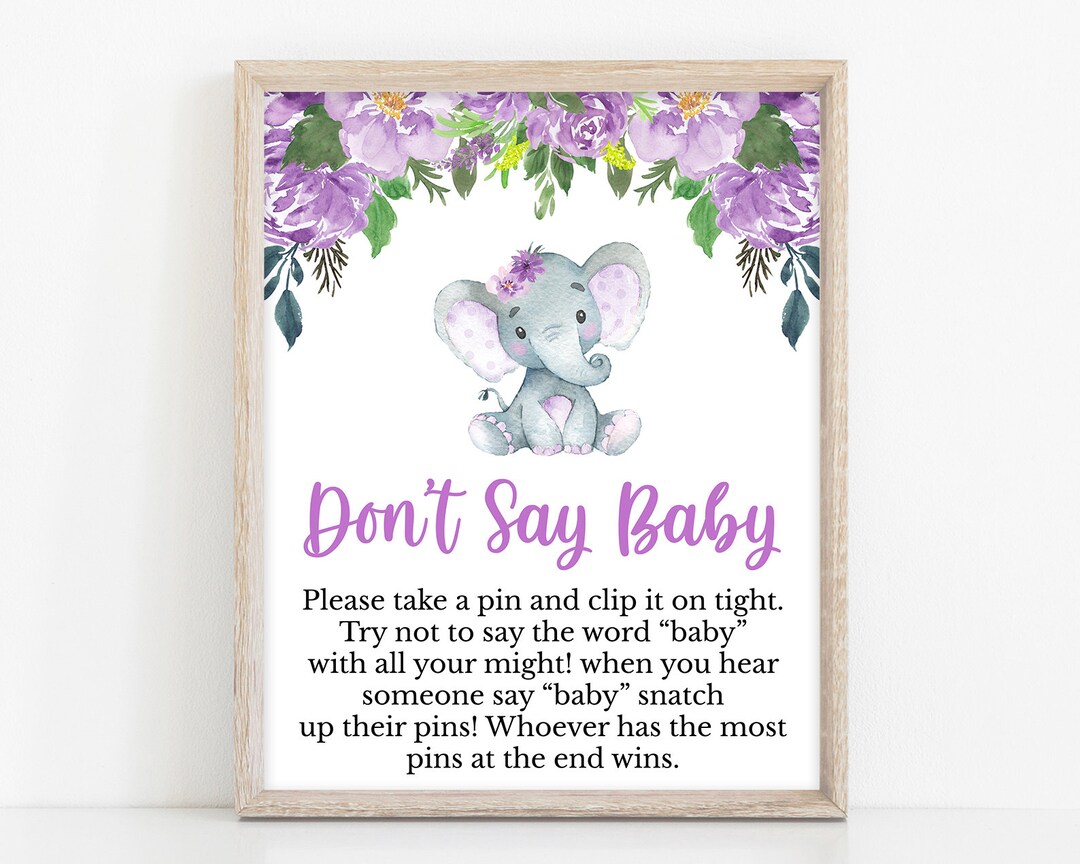 Don't Say Baby Game Sign Purple Elephant Baby Shower, Girl Elephant Don ...