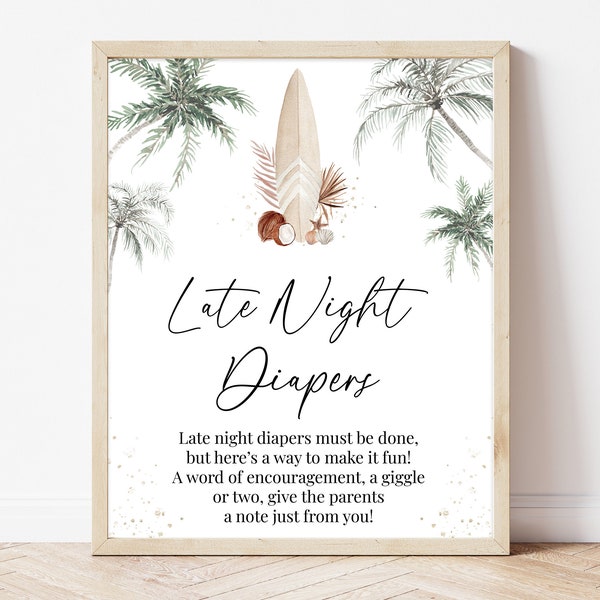 Late Night Diapers Sign Gender Neutral Baby on Board Baby Shower, Surf Board Baby Shower Diaper Thoughts Sign, Surfing Summer Decor, BBS663