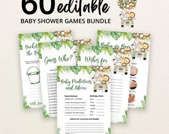 May include: A bundle of 60 editable baby shower game cards featuring a jungle theme with green palm leaves and illustrations of animals in a jeep with balloons. The cards include titles like Bucket List, Guess Who, Wishes for, and Baby Predictions.