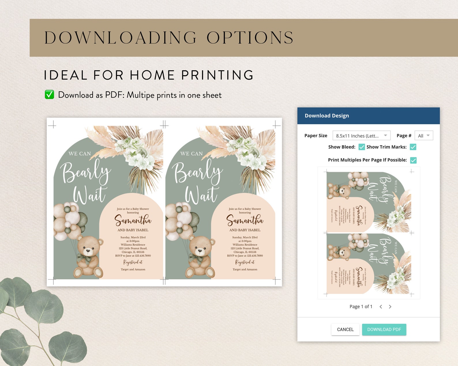 Editable We Can Bearly Wait Baby Shower Invitation Bundle, Green Bear ...