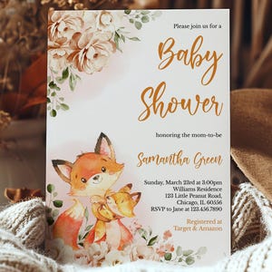 Invito per baby shower con volpe floreale autunnale modificabile, Invito per baby shower nel bosco con volpe ragazza, Invito per baby shower con volpe autunnale modificabile, BBS844