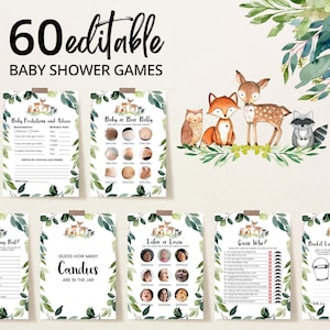 Editable Greenery Woodland Baby Shower Game Bundle, Boy Woodland Baby Shower Game Pack, Woodland Animals Baby Shower Games, BBS133