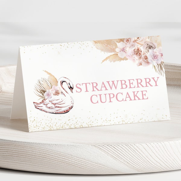 Editable Boho Pink Swan Baby Shower Food Label, Oh Baby Swan Baby Shower Tent Card, Boho Swan Floral Baby Shower, BBS679