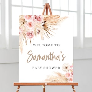 Bearbeitbares rosa Pampasgras Boho Babyparty Willkommensschild, Mädchen Boho Minimalist Babyparty Poster, rosa Boho Babyparty Willkommen, BBS263