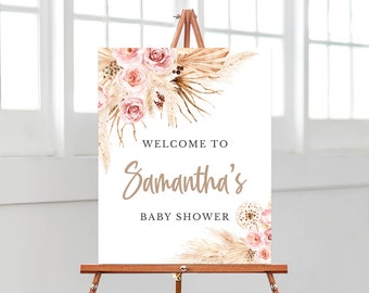 Editable Pink Pampas Grass Boho Baby Shower Welcome Sign, Girl Boho Minimalist Baby Shower Poster, Pink Boho Baby Shower Welcome, BBS263