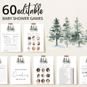 Pacchetto di giochi per baby shower "Adventure Awaits" modificabile, pacchetto di giochi per baby shower "Pine Tree", giochi per baby shower invernali "Pine Trees" minimalisti, BBS337