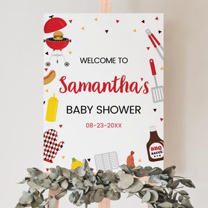 Editable BBQ Baby Shower Welcome Sign, Backyard Shower Poster, Baby-q Baby Shower, Bun in the Oven and Burger on the Grill Sign, BBS1039