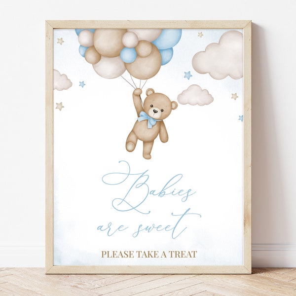 Babies are Sweet Sign Brown Bear Balloon Baby Shower, We Can Bearly Wait Baby Shower Favors Sign, Blue Boy Boho Bear Shower Decor, BBS388