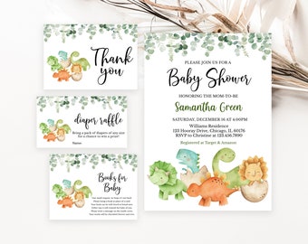 Editable Dinosaur Baby Shower Invitation Bundle, Greenery Dinosaur Baby Shower Invite, Boy Dinosaur Baby Shower, Boho Dinosaur, BBS588