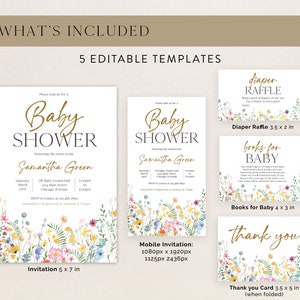 Puede incluir: Un conjunto de cinco plantillas editables para baby shower. Incluye una invitaci&oacute;n (12.7 x 17.8 cm), invitaci&oacute;n m&oacute;vil, tarjeta de rifa de pa&ntilde;ales (8.9 x 5.1 cm), tarjeta de libros para beb&eacute; (10.2 x 7.6 cm) y tarjeta de agradecimiento (8.9 x 12.7 cm).