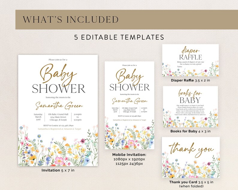 Puede incluir: Un conjunto de cinco plantillas editables para baby shower. Incluye una invitaci&oacute;n (12.7 x 17.8 cm), invitaci&oacute;n m&oacute;vil, tarjeta de rifa de pa&ntilde;ales (8.9 x 5.1 cm), tarjeta de libros para beb&eacute; (10.2 x 7.6 cm) y tarjeta de agradecimiento (8.9 x 12.7 cm).