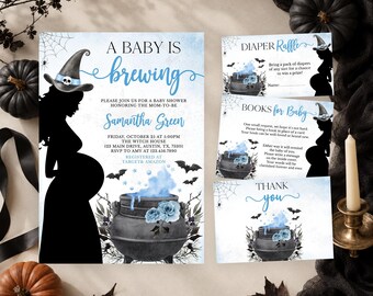 Bewerkbare uitnodigingsbundel voor een Halloween-babyshower met het thema "Een baby is op komst", blauwe Halloween-babyshoweruitnodiging voor een jongen, Halloween-babyshoweruitnodiging voor een heksenbabyshower, BBS430