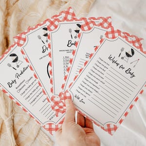 May include: A set of printable baby shower game cards with a red and white gingham pattern. The cards feature a grill and other barbecue-themed illustrations. The text on the cards includes "Baby Predictions", "Wishes for Baby", and "Whose Baby Feat Have You Guessed?"