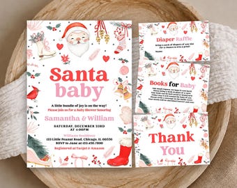 Op de afbeelding: Een set bedrukte baby shower kaarten met een kerstman thema en rode en roze tekst. De set bevat een uitnodiging, een luierloterij kaart, een boekenkaart en een bedankkaart, allemaal versierd met kleurrijke illustraties in aquarel stijl.