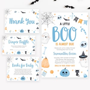 Editable Blue A Little Boo Baby Shower Invitation Bundle, Boy Halloween Baby Shower Invite, Ghost Halloween Baby Shower Invite, BBS496