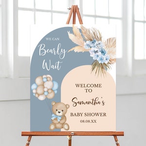 Bearbeitbar Wir können Bärenbabyparty-Willkommensschild warten, Ballon-Bär-Babyparty-Willkommensplakat, Boho Bär-Babypartydekor, Jungenbär, BBS377