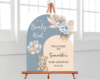 Editable We Can Bearly Wait Baby Shower Welcome Sign, Balloon Bear Baby Shower Welcome Poster, Boho Bear Baby Shower Decor, Boy Bear, BBS377
