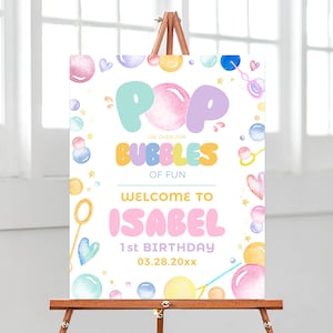 Editable Pop on Over for Bubbles Birthday Welcome Sign, Pastel Bubbles Birthday, Bubbles Birthday Poster, Girl Bubbles Birthday Decor,BRT252